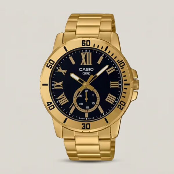 Casio MTP-VD200G-1B men's gold-tone stainless steel watch with black dial, Roman numeral markers, date subdial and water-resistant design