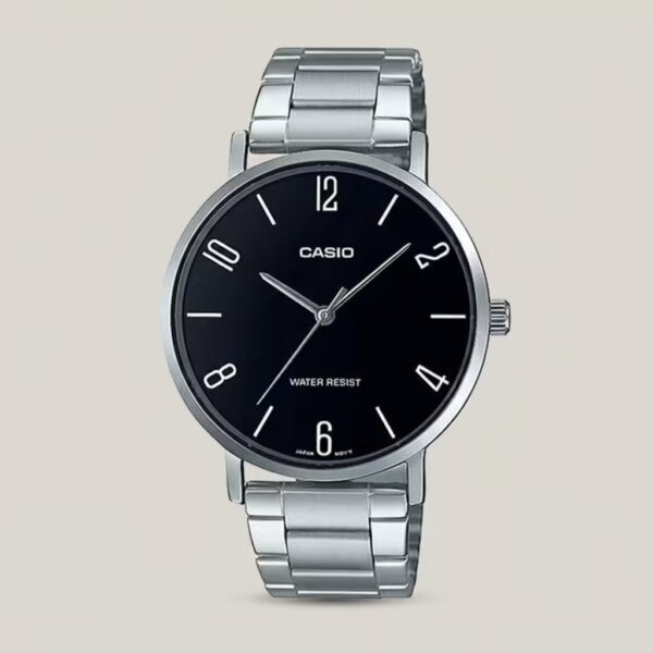 Casio MTP-VT01D-1B2 silver stainless steel chain & black analog dial men's standard watch