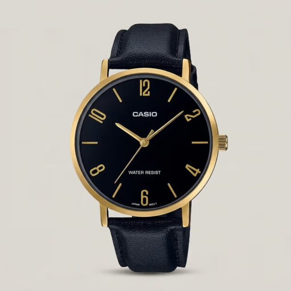 Casio men's black dial watch with gold-tone case, gold hands and markers, and black leather strap