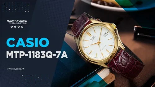Casio MTP-1183Q-7A brown leather strap golden case white analog dial dat display men's dress watch video review