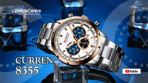 Curren 8355 silver stainless steel chain rose gold blue chronograph dial men's quartz watch video review