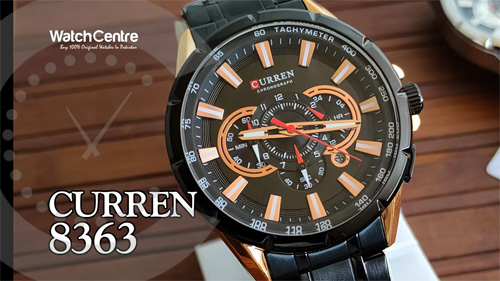 Curren 8363 black stainless steel chain round chronograph dial men's hand watch video review