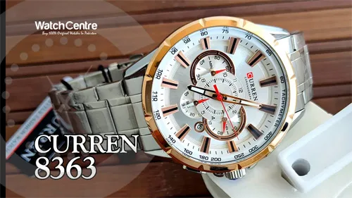 Curren 8363 silver stainless steel chain rose gold / white chronograph dial men's watch video