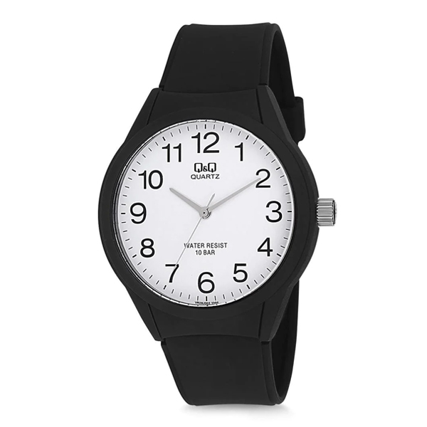 Q&Q VR28J002Y black resin band & white analog numeric dial unisex dress watch
