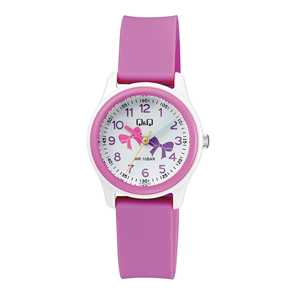 Q&Q VS59J002Y pink resin band & white analog numeric dial girls fashion watch