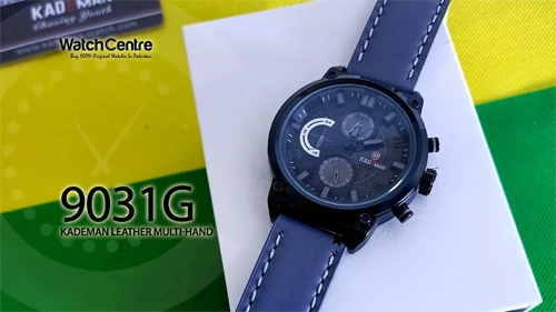 Kademan 9031G grey leather strap black multi-hand dial men's dress watch video review