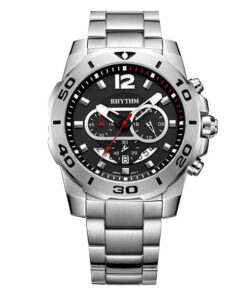 Rhythm S1408S02 silver stainless steel chain & black chronograph dial men’s wrist watch