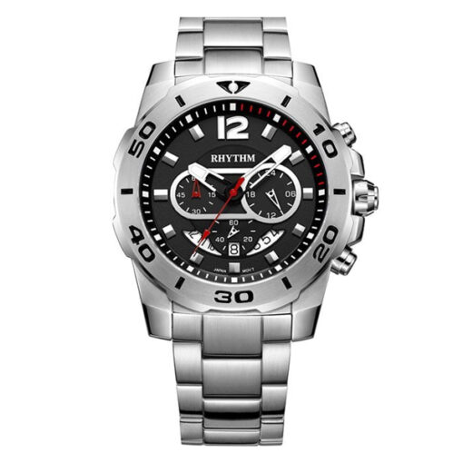 Rhythm S1408S02 silver stainless steel chain & black chronograph dial men’s wrist watch
