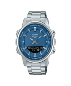 Casio AMW-880D-2A1V analog-digital watch with stainless steel band, blue dial, Telememo memory, and world time functionality.