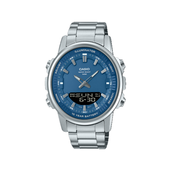Casio AMW-880D-2A1V analog-digital watch with stainless steel band, blue dial, Telememo memory, and world time functionality.