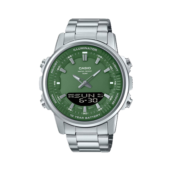 Casio AMW-880D-3A | Green Dial, All Stainless Steel Men's Watch