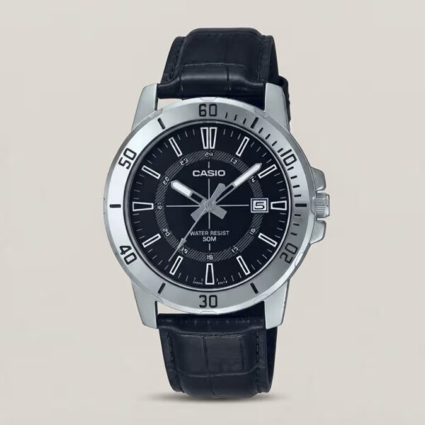 Casio men's black dial watch with silver-tone bezel, black leather strap, date display and 50M water resistance
