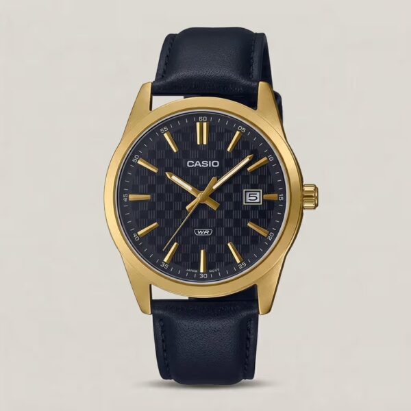 Casio men's black textured dial watch with gold-tone case, black leather strap, gold-tone markers and date display