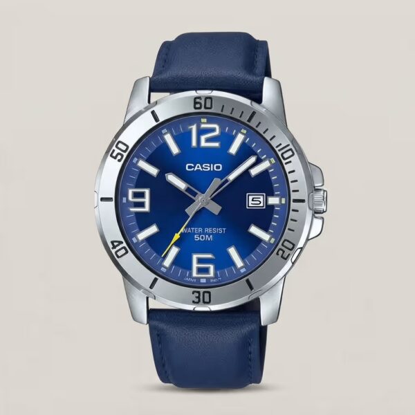Casio men's blue dial watch with blue leather strap, silver-tone bezel, date display and 50M water resistance