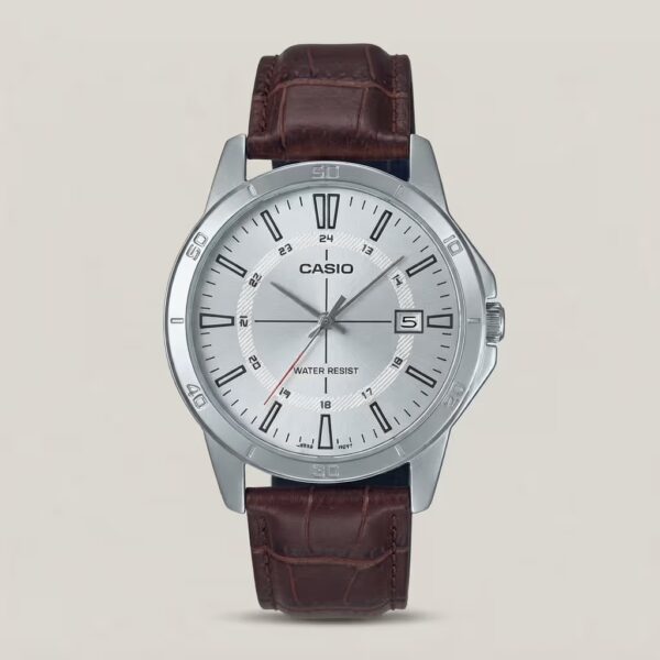 Casio men's silver dial watch with brown leather strap, silver-tone bezel and date display