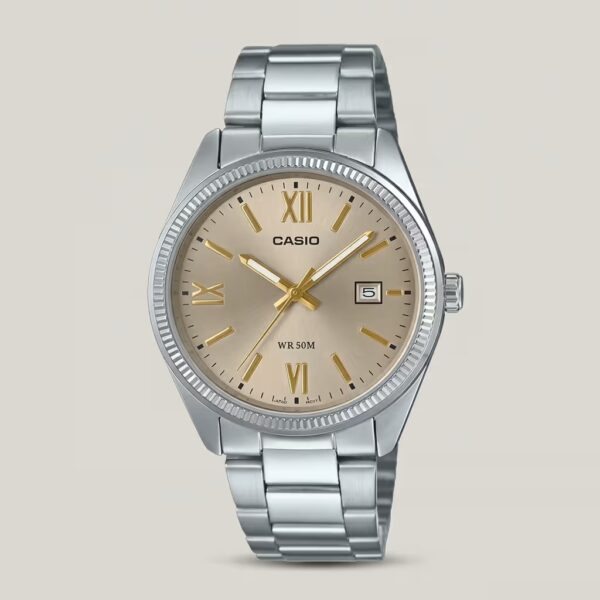Casio MTP-1302DD-9A men’s analog watch with gold-tone dial, stainless steel band, and 50-meter water resistance.
