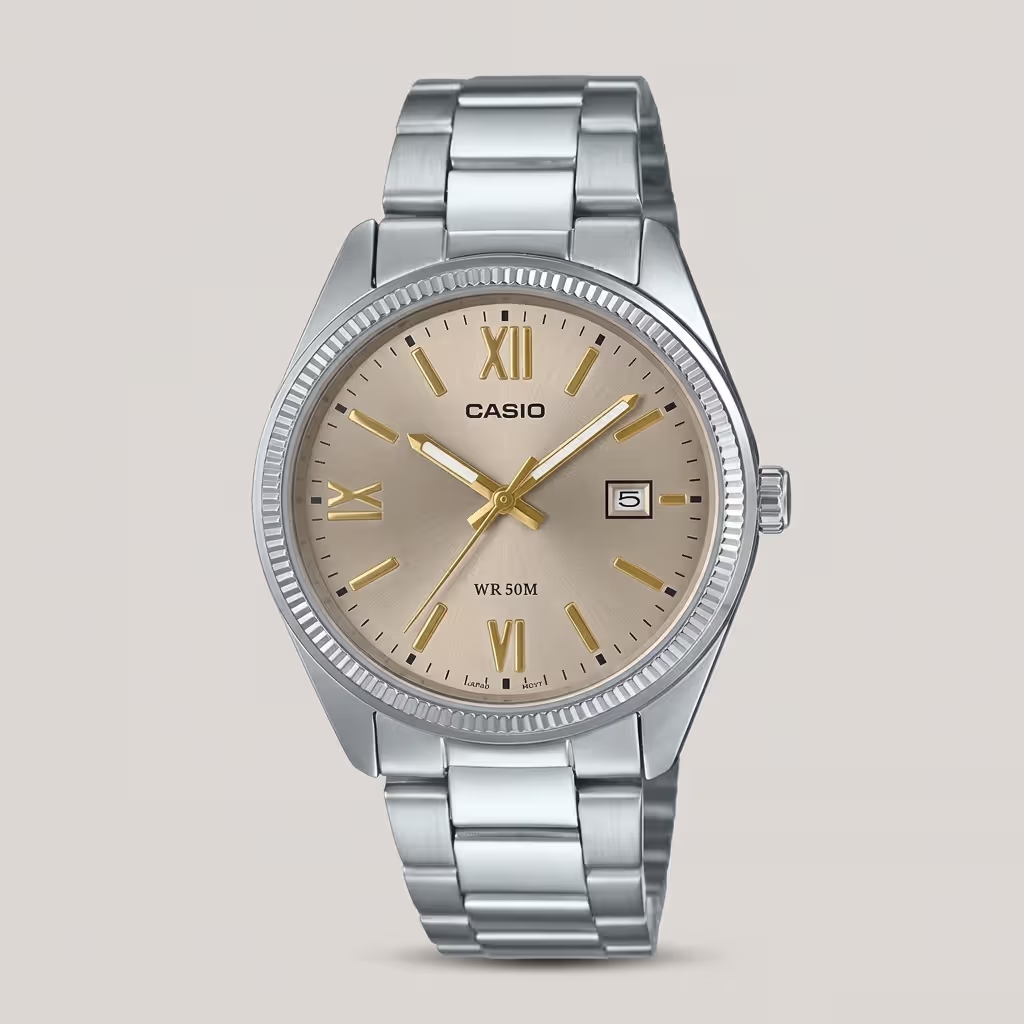 Casio MTP-1302DD-9A men’s analog watch with gold-tone dial, stainless steel band, and 50-meter water resistance.