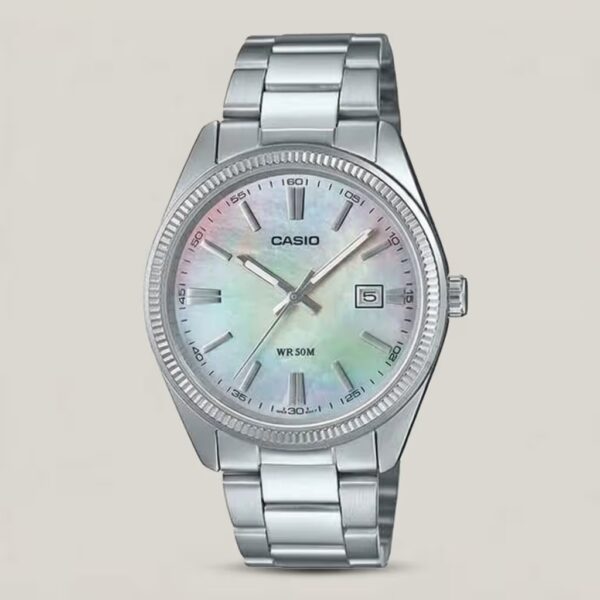 Casio MTP-1302DS-7AV men's watch with mother-of-pearl dial, date display, 50M water resistance and stainless steel band