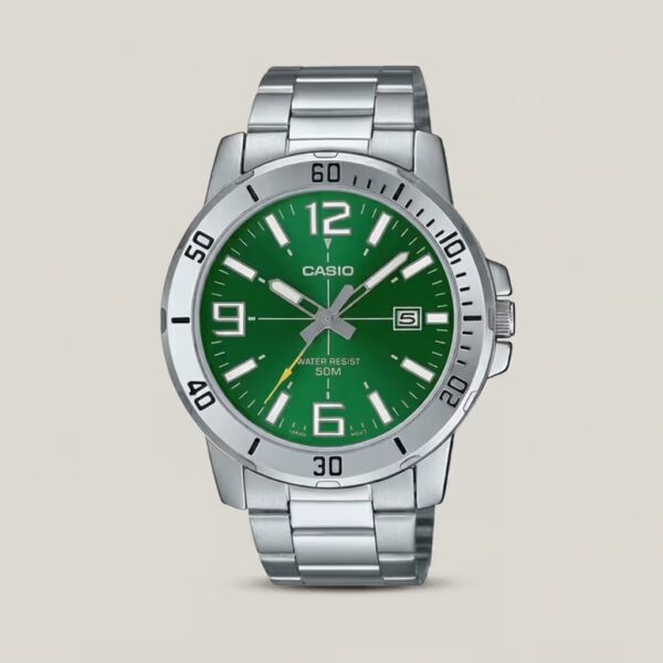 Casio MTP-VD01D-3BV men's watch with green dial, date display, 50M water resistance and stainless steel band