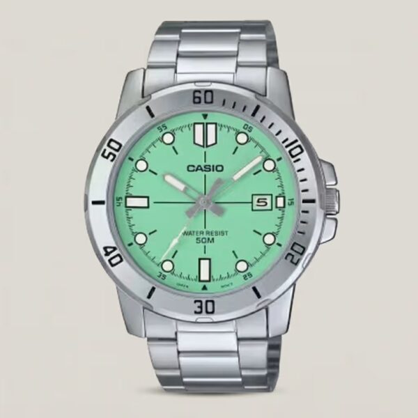 Casio MTP-VD01D-3E1V men's stainless steel watch with mint green dial, luminous hour markers, date display and 50M water resistance