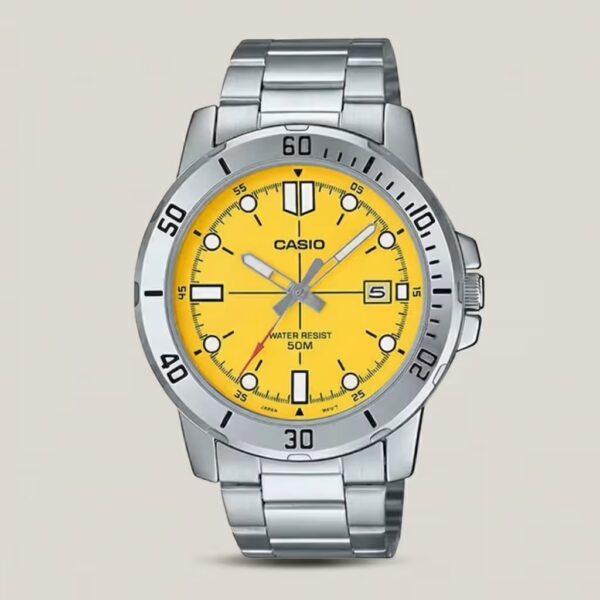 Casio MTP-VD01D-9EV men's stainless steel watch with yellow dial, luminous hour markers, date display and 50M water resistance