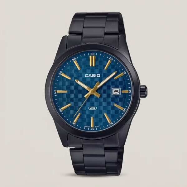 Casio MTP-VD03B-2A men's black watch with textured blue dial, gold-tone hands and markers, date display and water-resistant design
