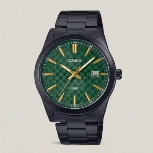 Casio MTP-VD03B-3AV men's black watch with textured green dial, gold-tone hands and markers, date display and water-resistant design