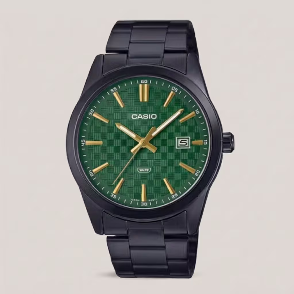 Casio MTP-VD03B-3AV men's black watch with textured green dial, gold-tone hands and markers, date display and water-resistant design