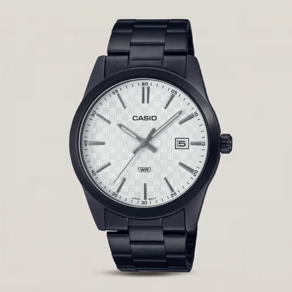 Casio MTP-VD03B-7A men's black watch with textured white dial, silver-tone hands and markers, date display and water-resistant design