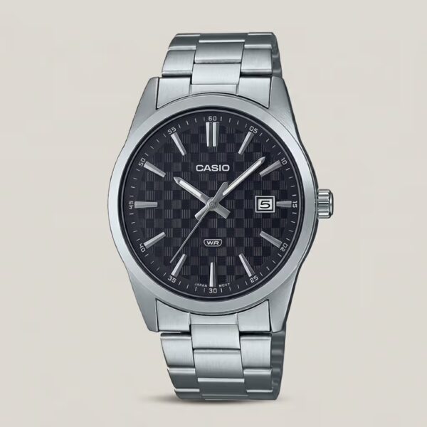 Casio MTP-VD03D-1AU men's stainless steel watch with black textured dial, silver-tone hands and markers, date display and water-resistant design