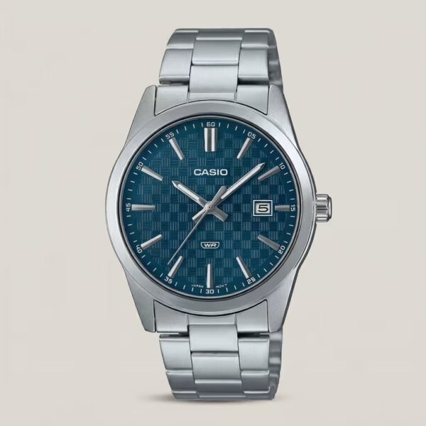 Casio MTP-VD03D-2A2 men's stainless steel watch with textured blue dial, date display and water-resistant design