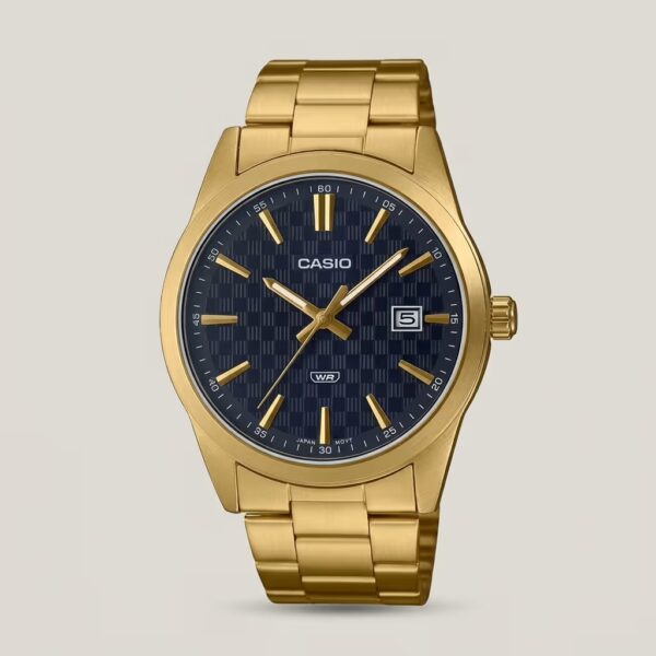 Casio MTP-VD03G-1AU men's watch with black textured dial, date display and gold-tone stainless steel band