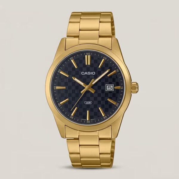 Casio MTP-VD03G-1AU men's watch with black textured dial, date display and gold-tone stainless steel band
