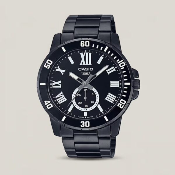 Casio MTP-VD200B-1BU men's watch with black dial, Roman numeral markers, multifunction subdial and black metal band
