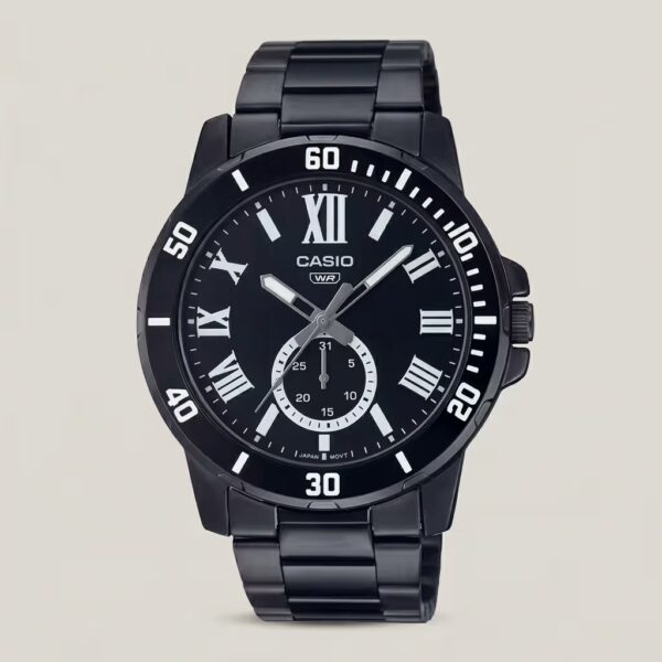 Casio MTP-VD200B-1BU men's watch with black dial, Roman numeral markers, multifunction subdial and black metal band