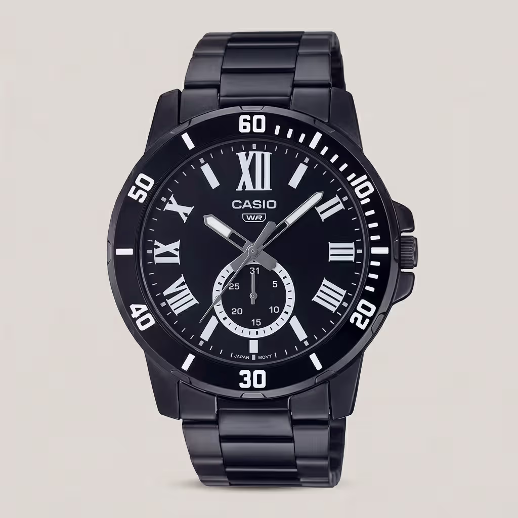 Casio MTP-VD200B-1BU men's watch with black dial, Roman numeral markers, multifunction subdial and black metal band