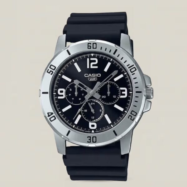Casio MTP-VD300-1BU men's watch with black dial, multi-function subdials, silver-tone bezel and black resin strap