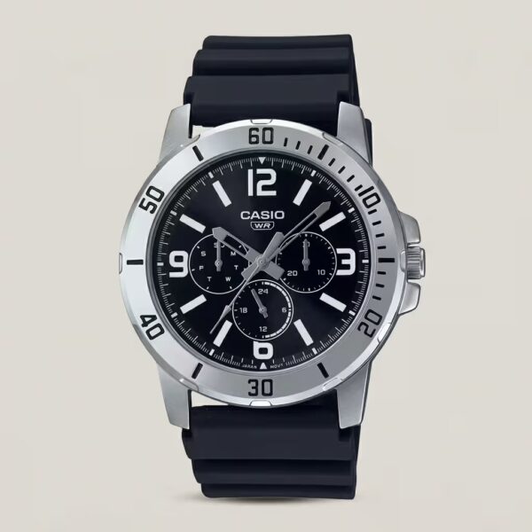 Casio MTP-VD300-1BU men's watch with black dial, multi-function subdials, silver-tone bezel and black resin strap