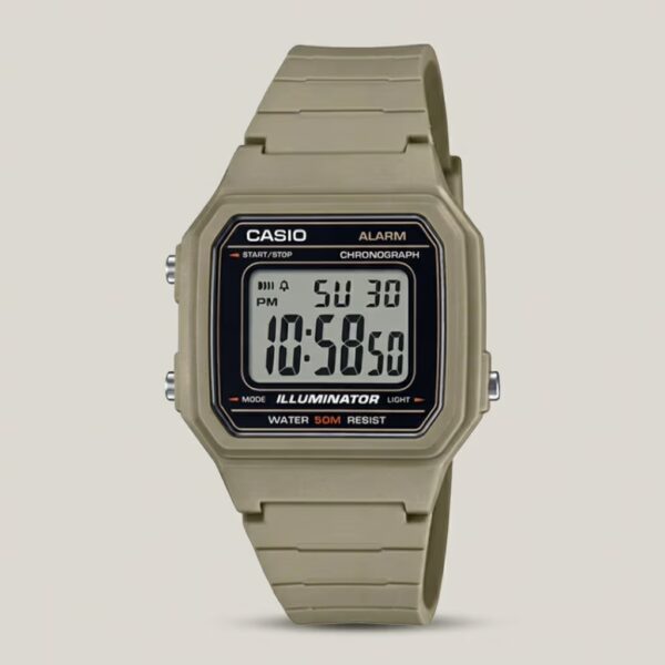 Casio W-217H-5AV brown digital retro watch with stopwatch, alarm, and amber LED backlight.