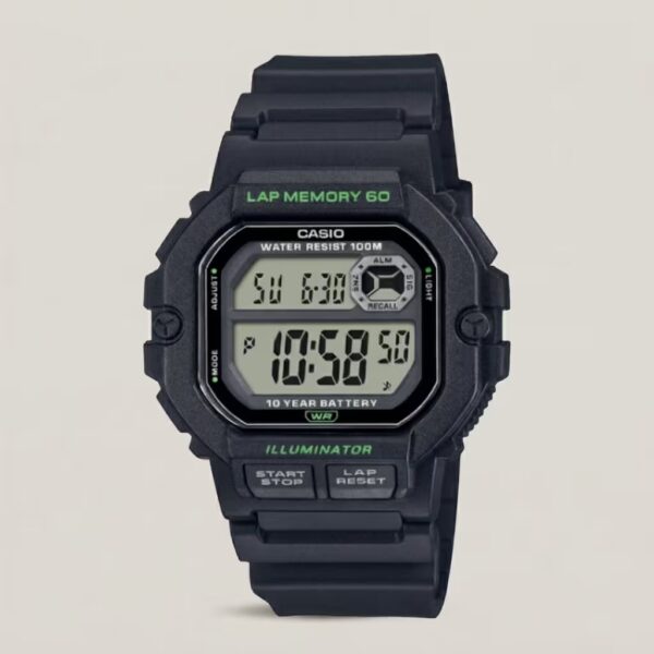Casio WS-1400H-1A men's digital black resin watch with lap memory, Illuminator light, 100M water resistance and 10-year battery
