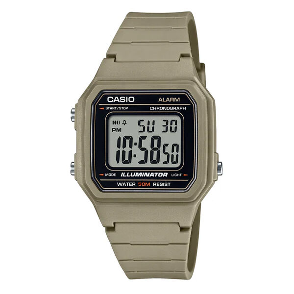 Casio W-217H-5AV brown digital retro watch with stopwatch, alarm, and amber LED backlight.