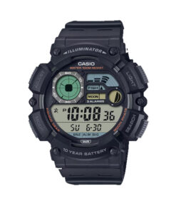 Casio WS-1500H-1A digital fishing watch with moon phase, countdown timer, amber LED light, and 100M water resistance – rugged choice for outdoor use.