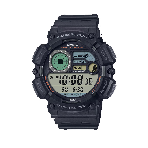 Casio WS-1500H-1A digital fishing watch with moon phase, countdown timer, amber LED light, and 100M water resistance – rugged choice for outdoor use.