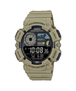 Casio WS-1500H-5BV brown outdoor digital watch with moon phase, fishing mode, amber LED light, and 100M water resistance – built for adventure and everyday wear.