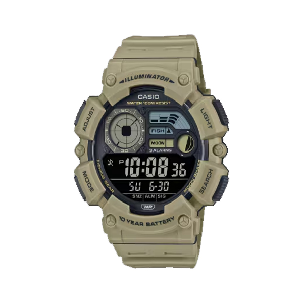 Casio WS-1500H-5BV brown outdoor digital watch with moon phase, fishing mode, amber LED light, and 100M water resistance – built for adventure and everyday wear.