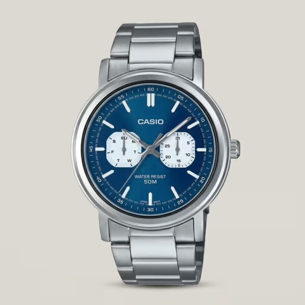 Casio men's watch with blue dial, multi-function subdials, 50M water resistance and stainless steel band