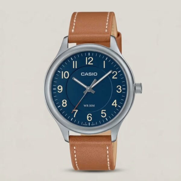 Casio men's blue dial watch with tan leather strap, silver-tone case and 50M water resistance