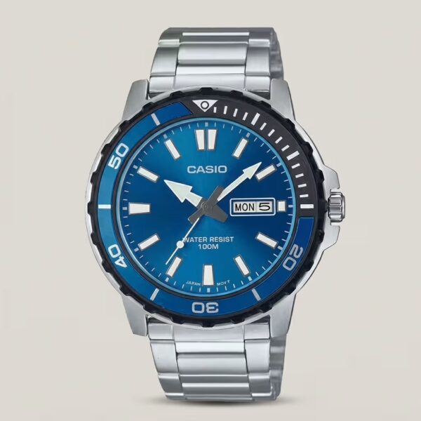 Casio MTD-125D-2A1V men's stainless steel watch with blue dial, day-date display, rotating-style bezel and 100M water resistance