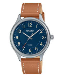 Casio MTP-B160L-2BV men's analog wrist watch in brown leather and blue analog dial