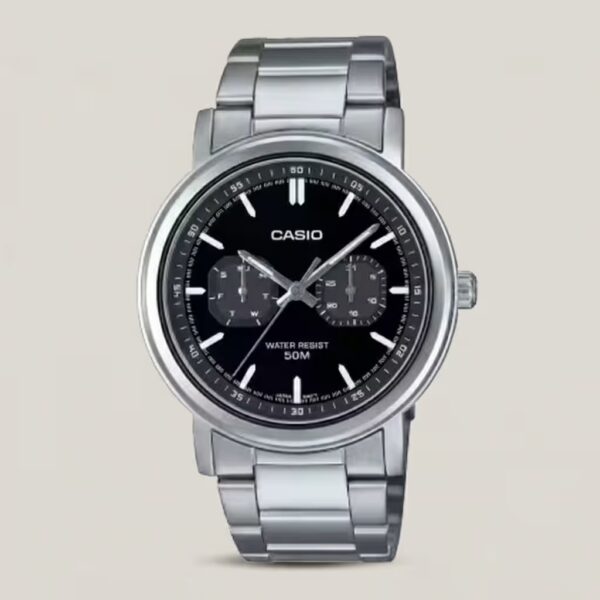 Casio MTP-E335D-1E black dial analog stainless steel watch with twin subdials for day and date, and 50-meter water resistance.